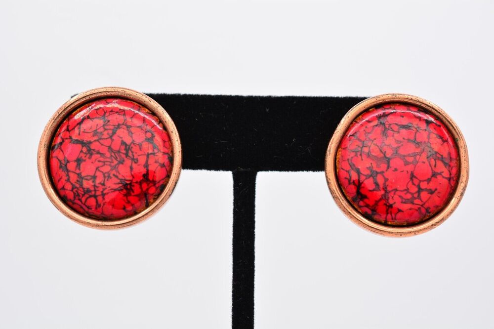 Matisse Renoir Vintage Clip Earrings Red Black Cabochon Copper Signed BinAA